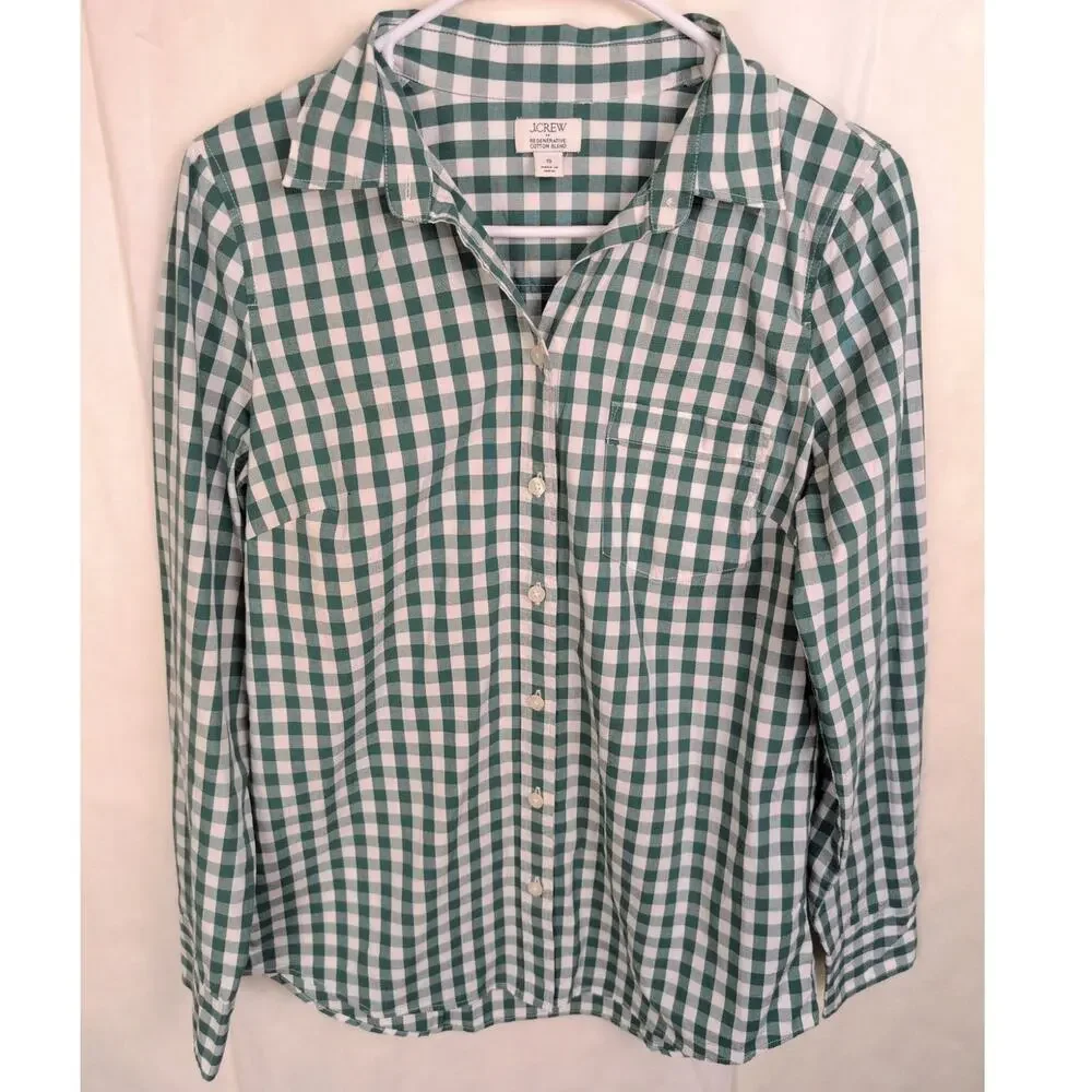 J.Crew green gingham check button up shirt Size Sm Preppy Classic Retro
